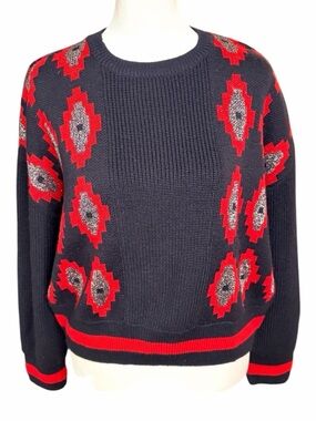 JUCY JUDY Black Crewneck Sweater with Red & Silver Geometric Motif